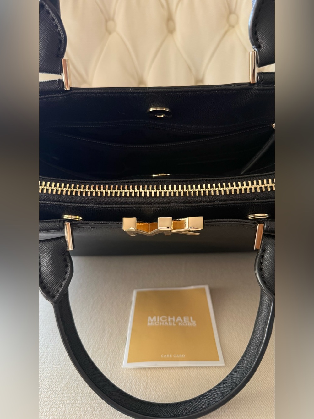 Michael Kors Florence Medium Saffiano Leather Satchel - Black/Gold - Picture 6 of 8